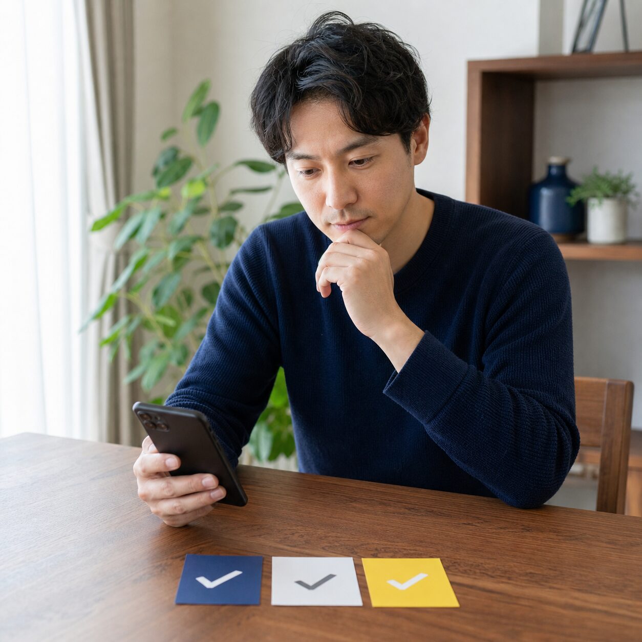 掲示板投稿前の確認項目を見る成人の日本人男性