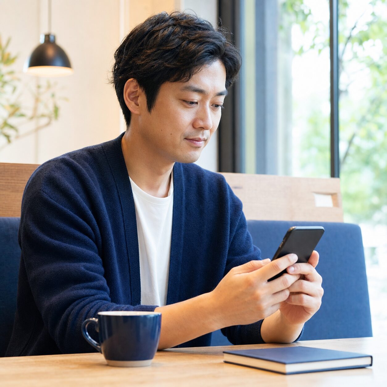 スマートフォンで募集文を作成する成人の日本人男性