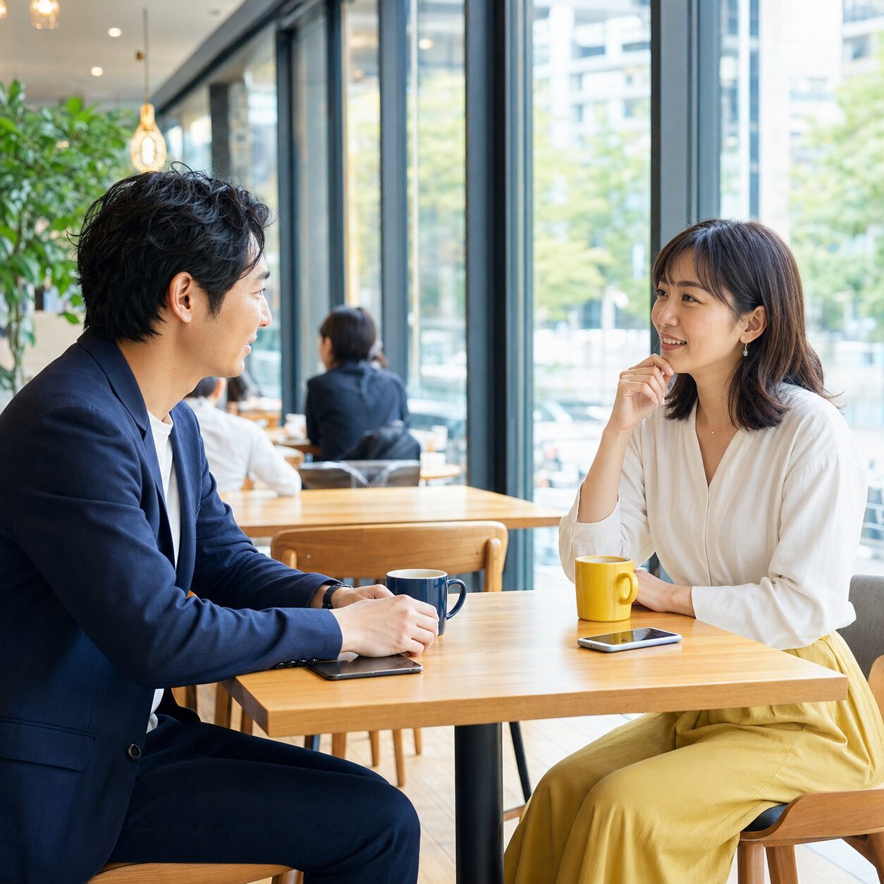 人目のあるカフェで会話する成人の日本人男女