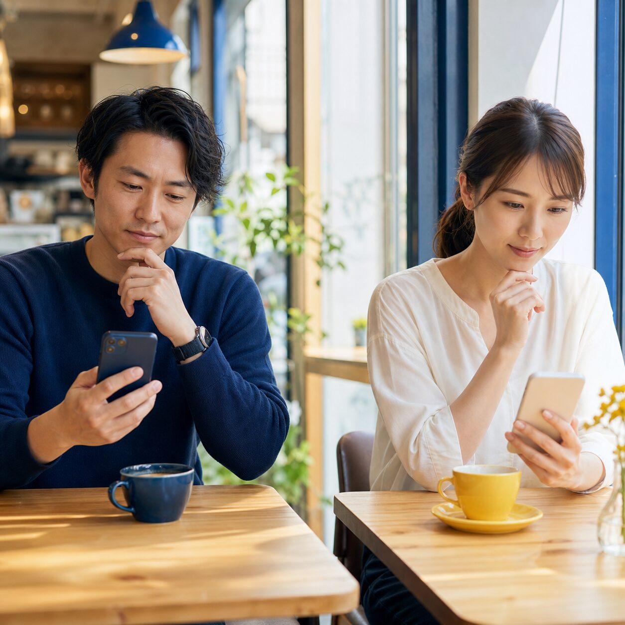 通報とブロックの判断をする成人の日本人男女