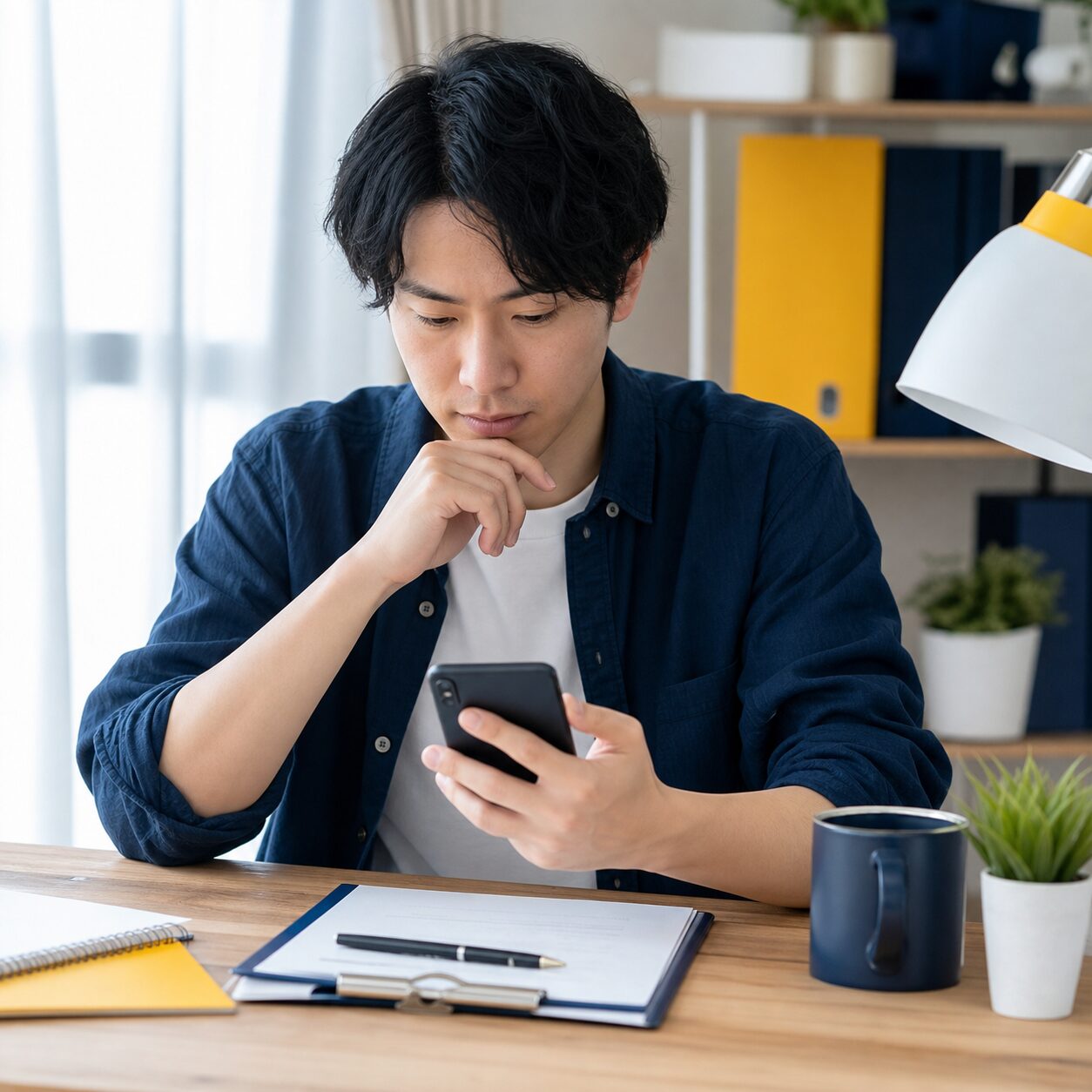 不審なメッセージの特徴を確認する成人の日本人男性