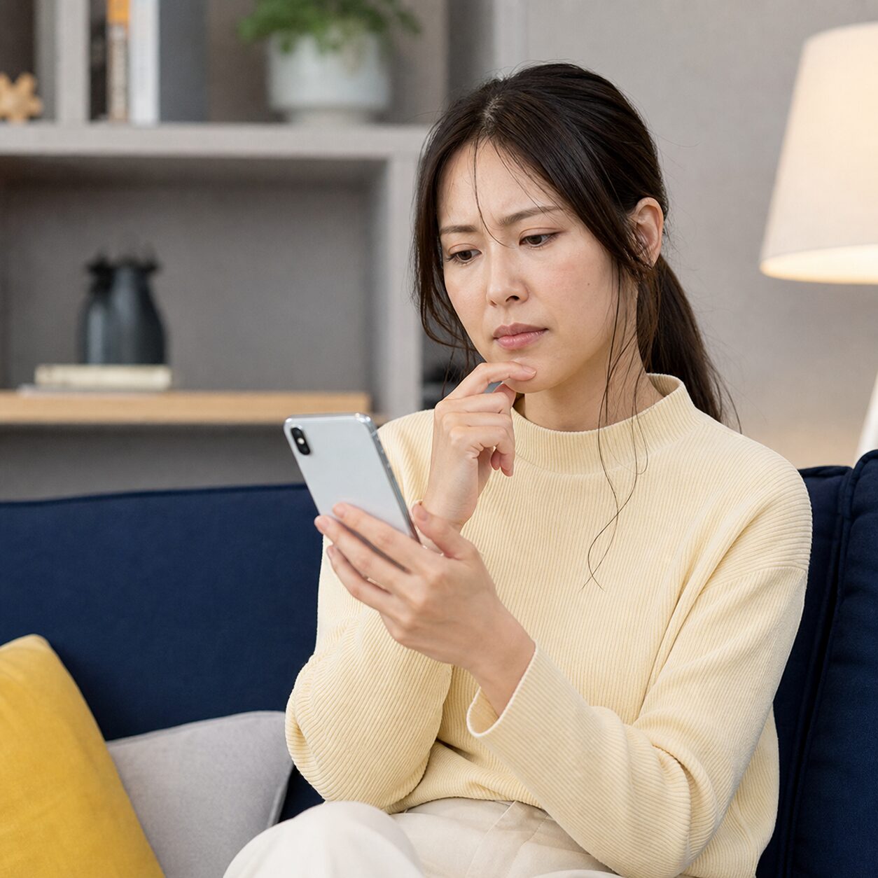 外部サイトへの誘導を警戒する成人の日本人女性