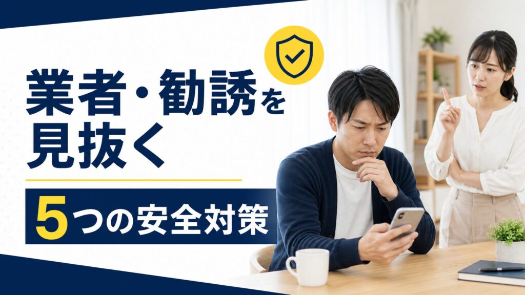 業者や勧誘の不審なメッセージを確認する成人の日本人男女