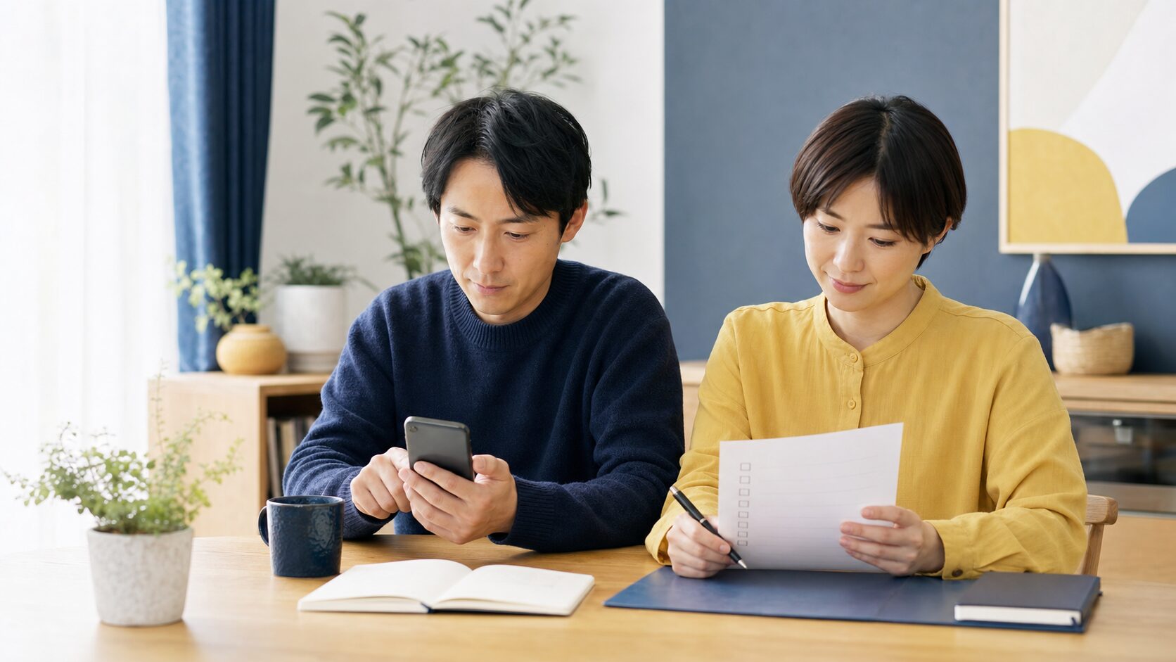 公式情報を確認しながら手順を見直す成人の日本人男女