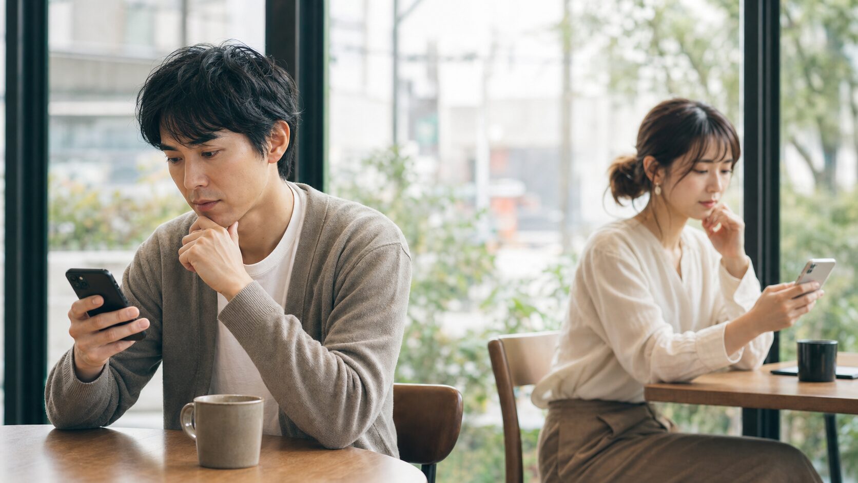 返信が来ない初回メッセージの原因を考える男性と女性