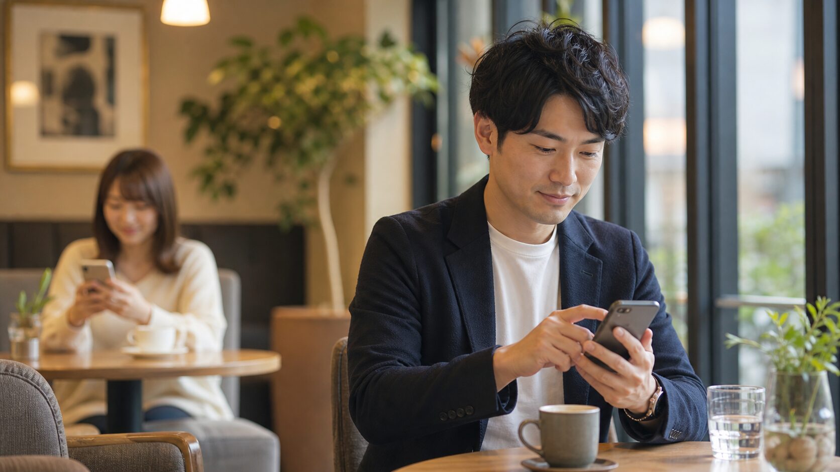 プロフィールへの一言と質問を考えて初回メッセージを送る男性