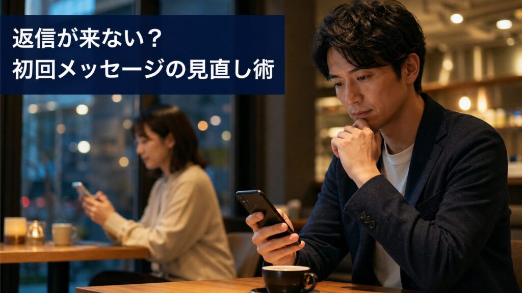 返信が来ない初回メッセージを見直す男性とスマートフォンを見る女性
