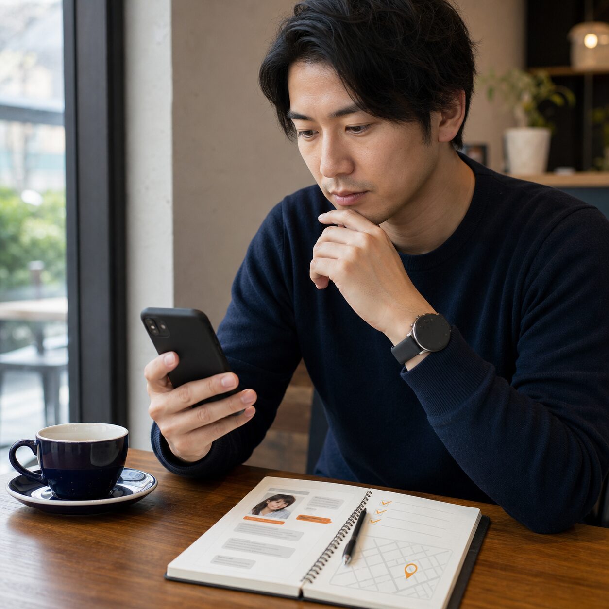 ワクワクメールのプロフィールとメッセージを確認する男性