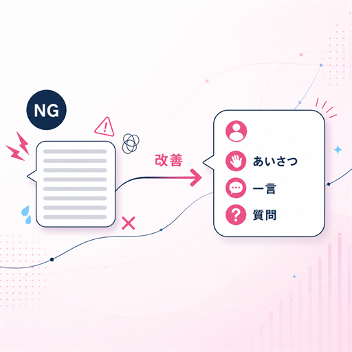 返信しにくい初回メッセージと改善後の3文構成を比較した図解
