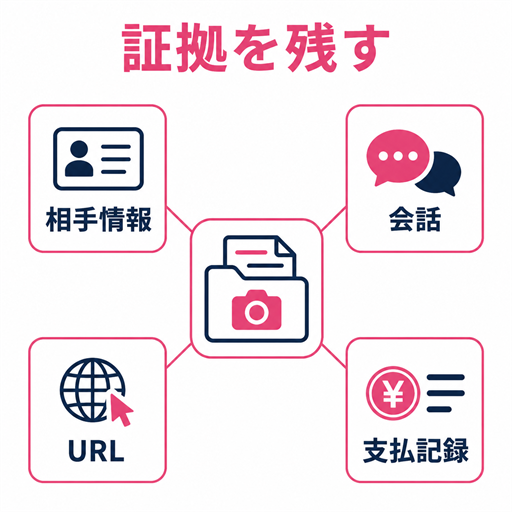 不審なメッセージと支払い記録を安全に保存する証拠チェック図
