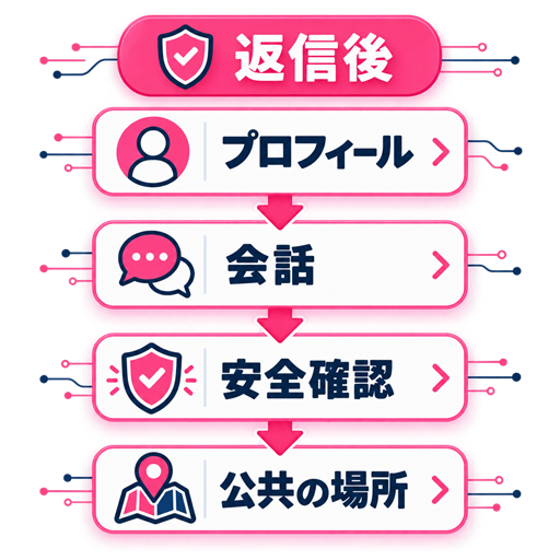 掲示板へ返信が来た後にプロフィール・会話・初対面を確認する安全フロー