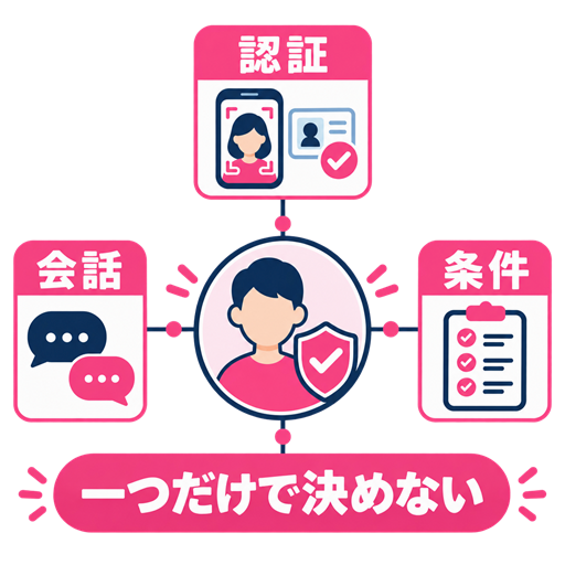 セルフィー認証を参考材料の一つとして会話や条件も確認する図
