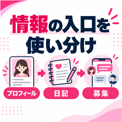 3サービスでプロフィール・日記・募集の情報を使って相手を探す流れを示す図解