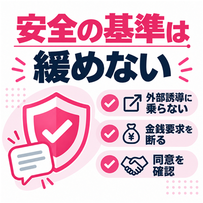 3サービスの比較でも外部誘導・金銭要求を警戒し相手の同意を尊重する安全図解