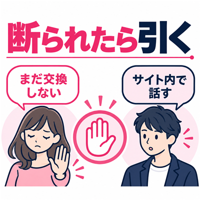 ワクワクメールでLINE交換を断られたら引きサイト内の会話を続ける選択を尊重する図解
