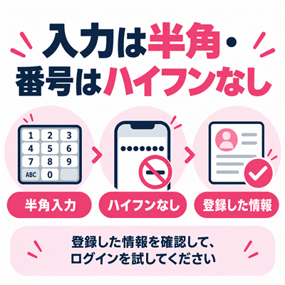 ワクワクメールへの入力を半角・ハイフンなし・登録した情報の三点で確かめる図解
