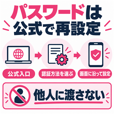 ワクワクメールのパスワードは公式入口から再設定し、他人へ渡さない事を示す図解