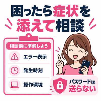 ワクワクメールのサポートへエラー表示・発生時刻・操作環境を伝えパスワードは送らない図解
