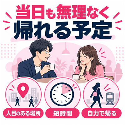 ワクワクメールで初めて会う日は人目のある場所・短時間・自力で帰れる予定を選ぶチェック図