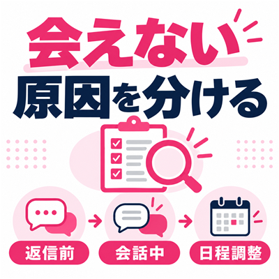 ワクワクメールで会えない時に返信前・会話中・日程調整のどこで止まったかを確認する図解