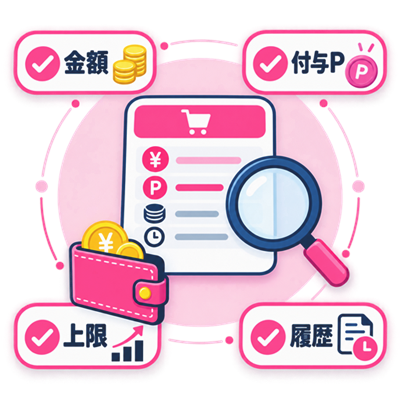 ワクワクメールでポイント購入前に確認する金額と残高のチェック画面図