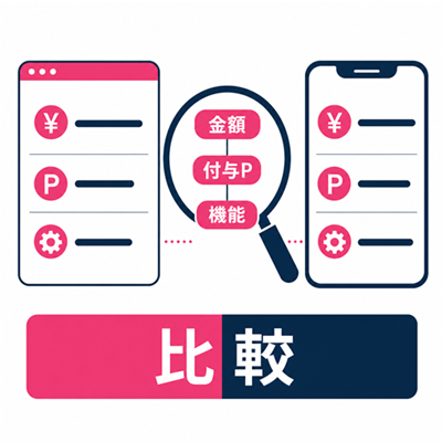 Web版とアプリ版の購入画面と機能を確認する比較チェック図