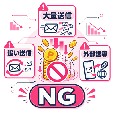 ワクワクメール無料ポイントを無駄にする大量送信と追いメッセージの注意図