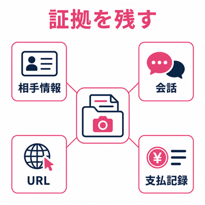 不審なメッセージと支払い記録を安全に保存する証拠チェック図