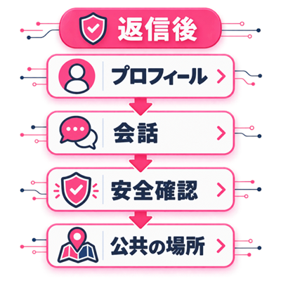 掲示板へ返信が来た後にプロフィール・会話・初対面を確認する安全フロー