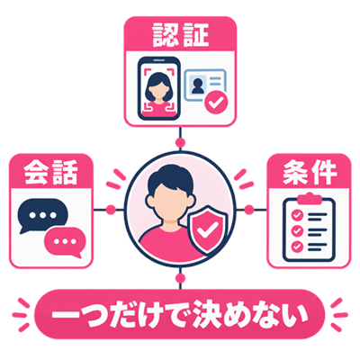 セルフィー認証を参考材料の一つとして会話や条件も確認する図