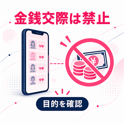 ワクワクメールの金銭交際は禁止され利用目的を確認する必要があると示す図解