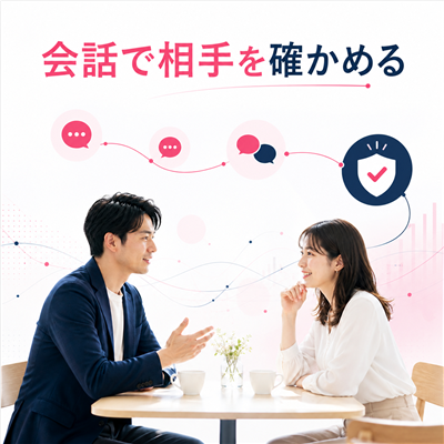 ワクワクメールの通常の初対面では公共のカフェで会話し相手を確かめる図解
