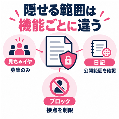 ワクワクメールの見ちゃイヤは募集のみ、日記は個別の公開範囲、ブロックは接点の制限と示す図解