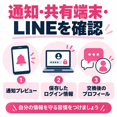 ワクワクメールの身バレ対策で通知プレビュー・共有端末の保存情報・LINE交換後のプロフィールを確認する図解