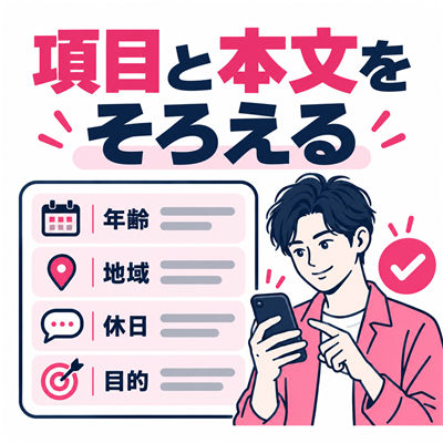 ワクワクメールのプロフィール基本項目と自己紹介文の年齢・地域・休日・目的を一致させる図解