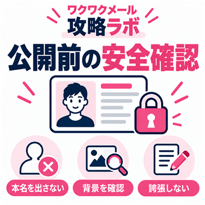 ワクワクメールのプロフィール公開前に本名・写真の背景・誇張を確認する安全チェック図