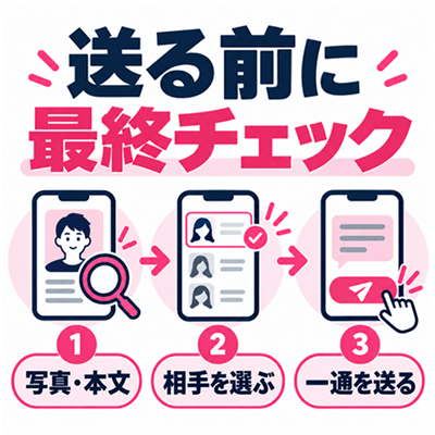 ワクワクメールのプロフィール完成後に写真と本文を確認し相手を選んで一通を送る流れ