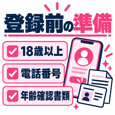 ワクワクメール登録前に年齢条件・電話番号・年齢確認書類を準備するチェック図