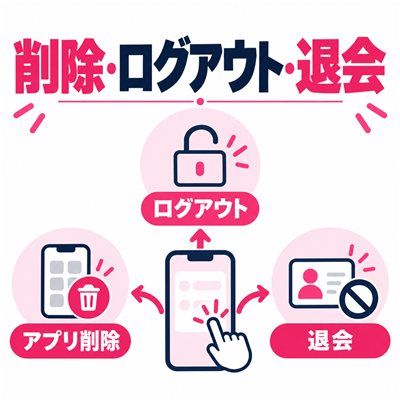 ワクワクメールのアプリ削除・ログアウト・退会を違う操作として示す図解