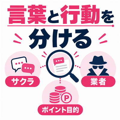 ワクワクメールでサクラ・業者・ポイント目的という言葉と相手の行動を分ける図解