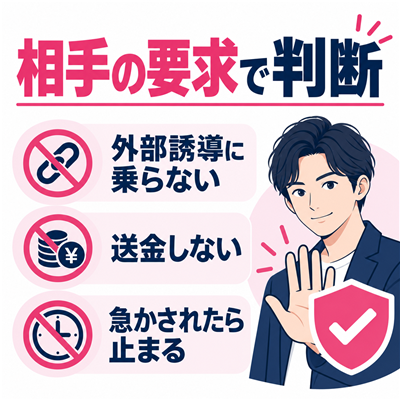 ワクワクメールの相手が求める外部誘導・送金・急かしに対して応じず止まる安全判断図