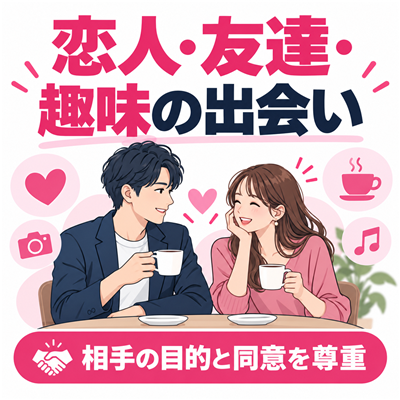 ワクワクメールの恋人・友達・趣味の出会いを示すサービス解説図