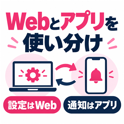 ワクワクメールのWebとアプリを使い分けを示すサービス解説図