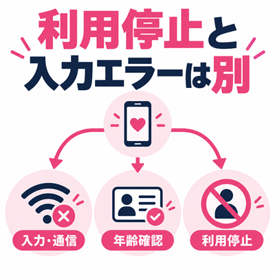 ワクワクメールの入力・通信エラー、年齢確認、利用停止を区別する図解
