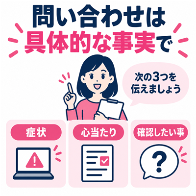 ワクワクメールのサポートへ症状・心当たり・確認したい事を具体的に伝える図解