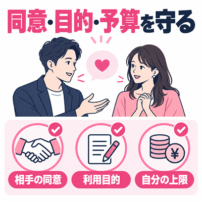ワクワクメールを相手の同意・利用目的・自分の予算上限を守って使うチェック図