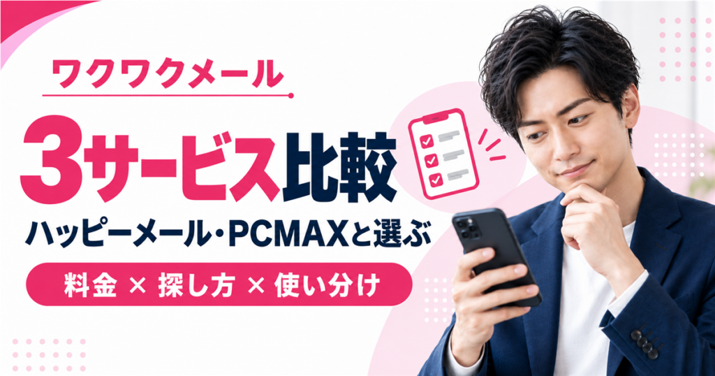 ワクワクメール・ハッピーメール・PCMAXを料金と探し方で比較するアイキャッチ