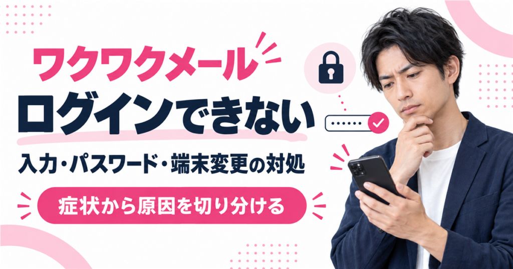 ワクワクメールにログインできない原因と入力・パスワード・端末変更の対処を示すアイキャッチ