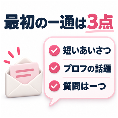 マッチング後の最初の一通をあいさつ・プロフィールの話題・質問一つで作る図