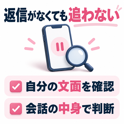 マッチング後に返信がない時は追わず文面と会話の内容を確認する図
